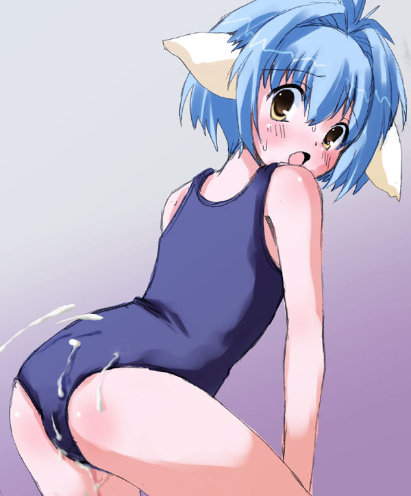 shinshin, mint blancmanche, broccoli (company), galaxy angel, jpeg artifacts, 00s, 1girl, animal ears, bare arms, bare shoulders, blue hair, blush, brown eyes, cowboy shot, cum, cum on ass, cum on body, cum on clothes, female focus, gradient background, hair between eyes, hair intakes, leaning forward, loli, looking at viewer, looking back, one-piece swimsuit, open mouth, school swimsuit, short hair, solo, swimsuit