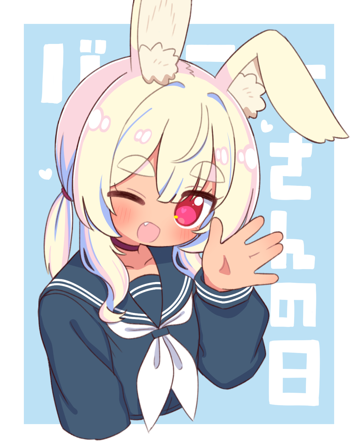 naga u, masurao (sekaiju), masurao 2 (sekaiju), etrian odyssey, sekaiju no meikyuu, sekaiju no meikyuu 5, highres, translated, 1girl, ;d, animal ear fluff, animal ears, blonde hair, blue background, blue sailor collar, blush, choker, collarbone, cropped torso, fang, hand up, heart, heart-shaped pupils, long sleeves, neckerchief, one eye closed, open mouth, puffy long sleeves, puffy sleeves, rabbit ears, sailor collar, school uniform, serafuku, shirt, smile, solo, symbol-shaped pupils, thick eyebrows, upper body, white neckerchief