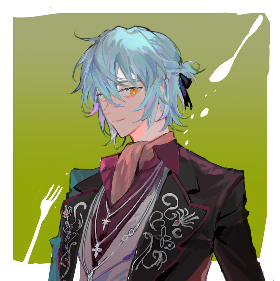 qyzhiaiyisheng, mahoutsukai no yakusoku, 1boy, ascot, black jacket, blue hair, closed mouth, collared shirt, fork, hair between eyes, hair ribbon, jacket, jewelry, long sleeves, male focus, necklace, open clothes, open jacket, red shirt, ribbon, shirt, short hair, smile, solo, upper body, vest
