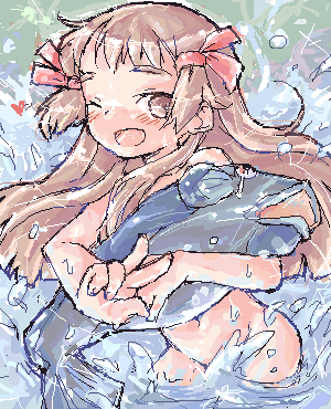 re mii, zoids, zoids genesis, lowres, 00s, 1girl, animal, blush, brown eyes, brown hair, female focus, fish, nude, oekaki, one eye closed, ribbon, solo, water, wet, wink