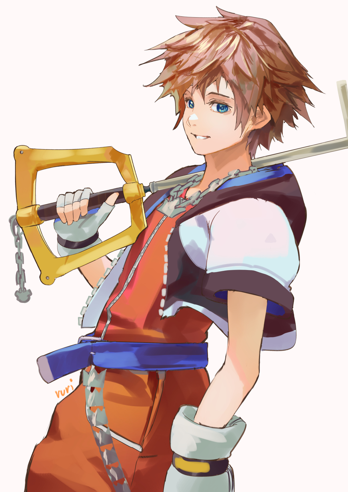 rurikon, sora (kingdom hearts), kingdom hearts, kingdom hearts i, highres, 1boy, belt, black jacket, blue belt, blue eyes, brown hair, chain, closed mouth, cropped jacket, fingerless gloves, gloves, holding, holding sword, holding weapon, jacket, keyblade, kingdom key, looking at viewer, red shirt, red shorts, shirt, shorts, smile, solo, spiked hair, sword, weapon, white gloves