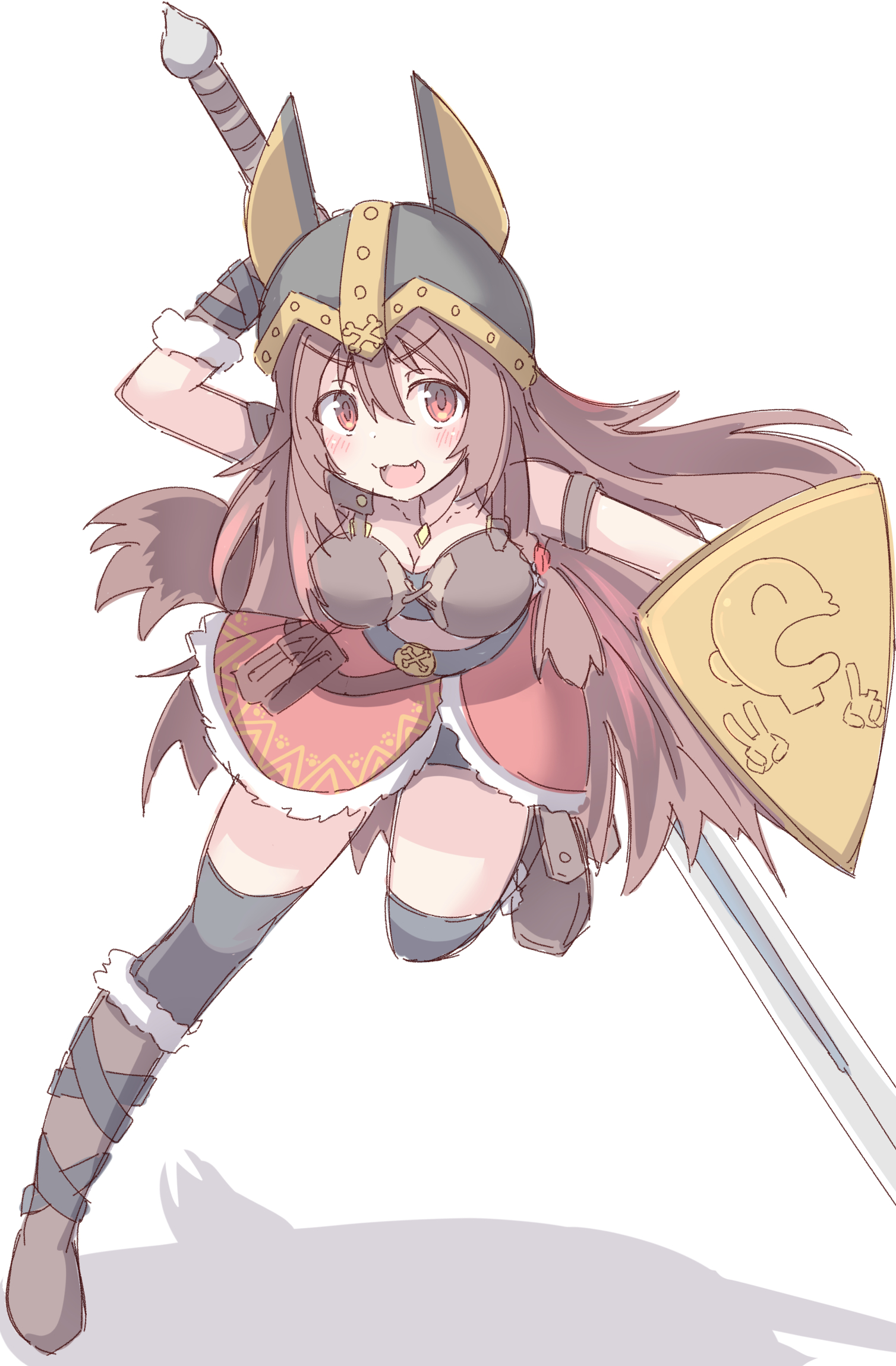 umberblack, inugami korone, inugami korone (viking), listener (inugami korone), hololive, commentary request, highres, 1girl, :d, animal ears, animal helmet, arm up, bare shoulders, black thighhighs, blush, boots, breasts, brown boots, brown hair, cleavage, fake animal ears, fang, full body, fur-trimmed boots, fur-trimmed skirt, fur trim, grey helmet, hair between eyes, helmet, holding, holding behind back, holding sword, holding sword behind back, holding weapon, holding weapon behind back, long hair, looking at viewer, medium breasts, open mouth, red eyes, red skirt, shadow, shield, simple background, skirt, smile, solo, standing, standing on one leg, sword, thighhighs, thighhighs under boots, v-shaped eyebrows, very long hair, weapon, white background