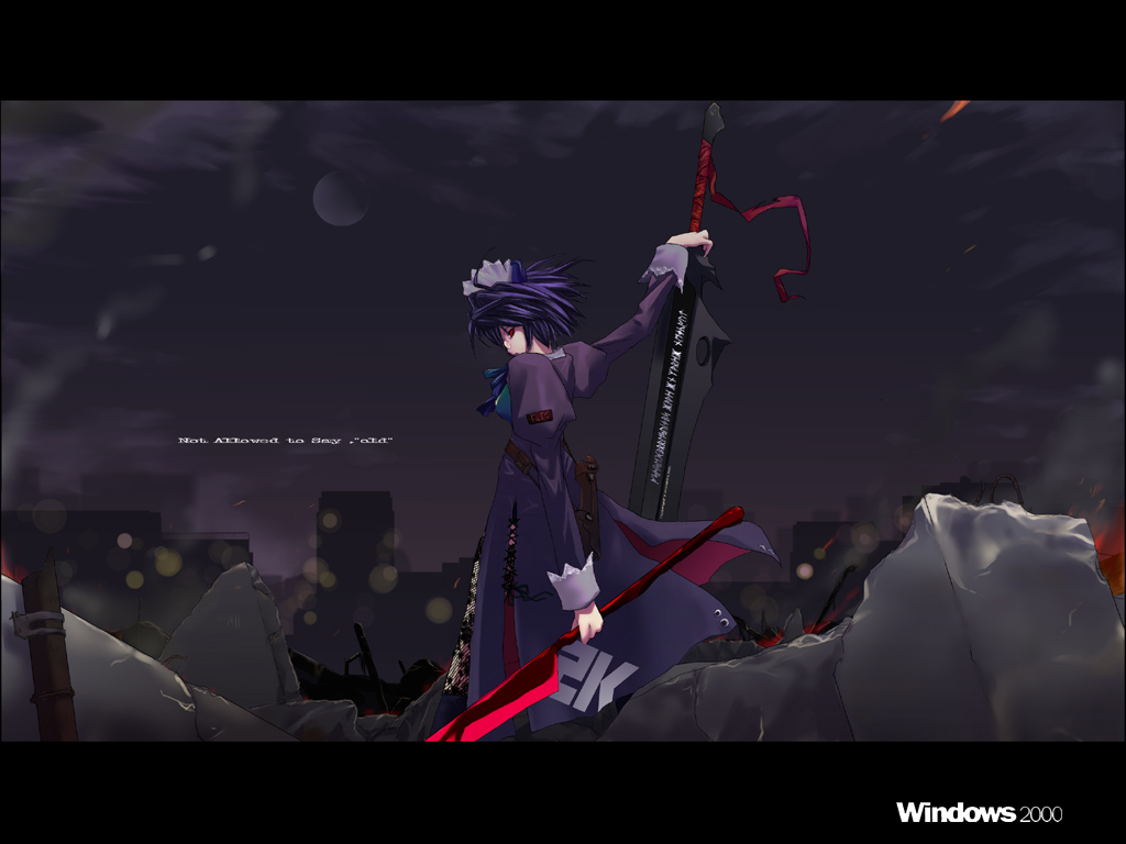 2k-tan, os-tan, 1girl, dark, female focus, from behind, glasses, letterboxed, looking back, maid headdress, moon, ruins, solo, sword, weapon