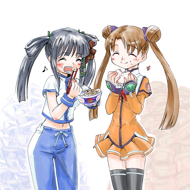 katase shima, tsuzaki aoba, xp-tan, jinki, os-tan, uchuu no stellvia, yoshinoya (restaurant), 00s, 2girls, black thighhighs, blouse, cowboy shot, crossover, eating, food, hair rings, happy, legs together, midriff, multiple girls, orange shirt, rice, shirt, steamed bun, thighhighs, twintails, zettai ryouiki