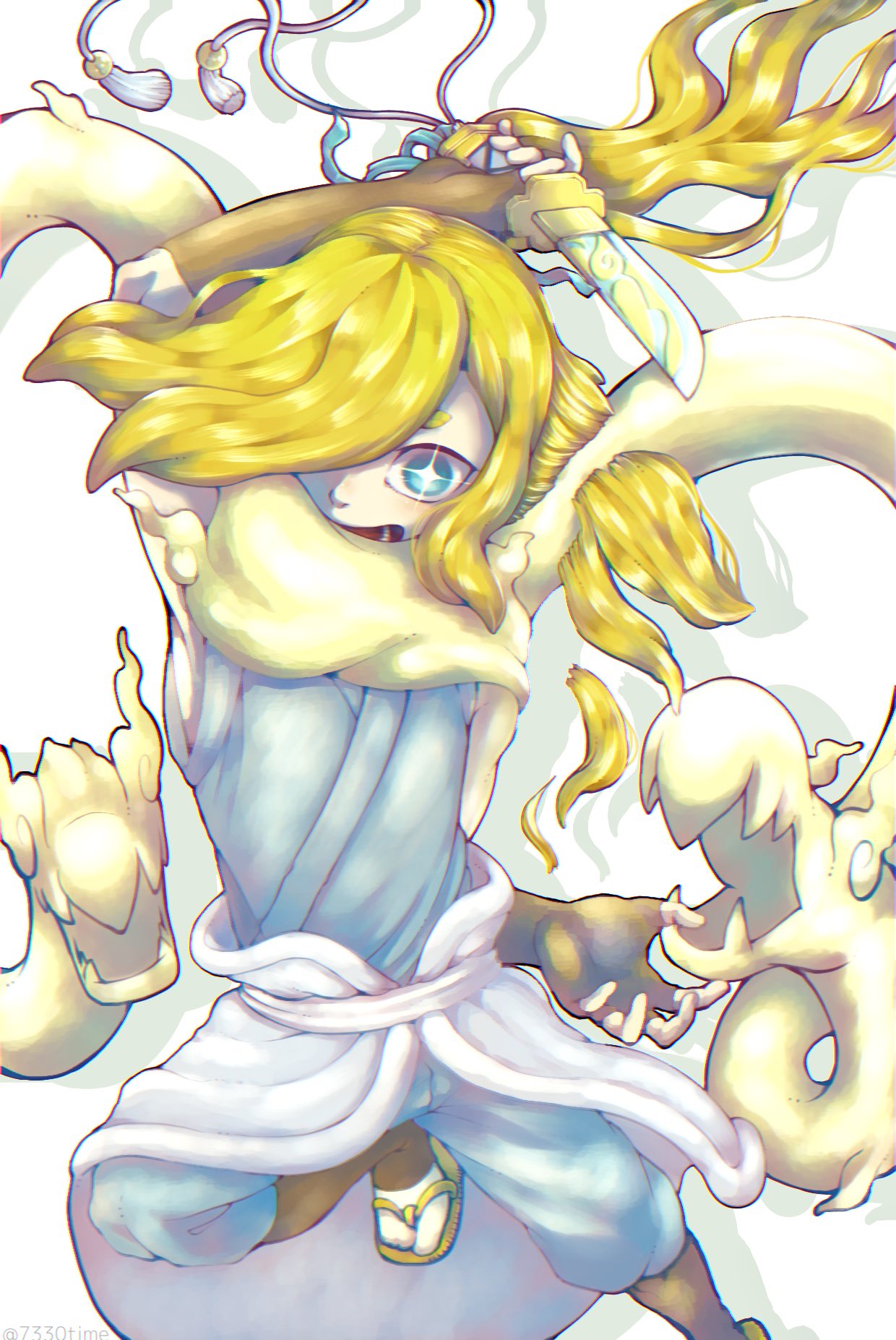 youkai watch, highres, 1boy, arm up, blonde hair, blue eyes, brown gloves, chimetarou (7330time), fingerless gloves, gloves, hair over one eye, hikariorochi, holding, holding knife, knife, long hair, looking at viewer, open mouth, sandals, solo, youkai (youkai watch)