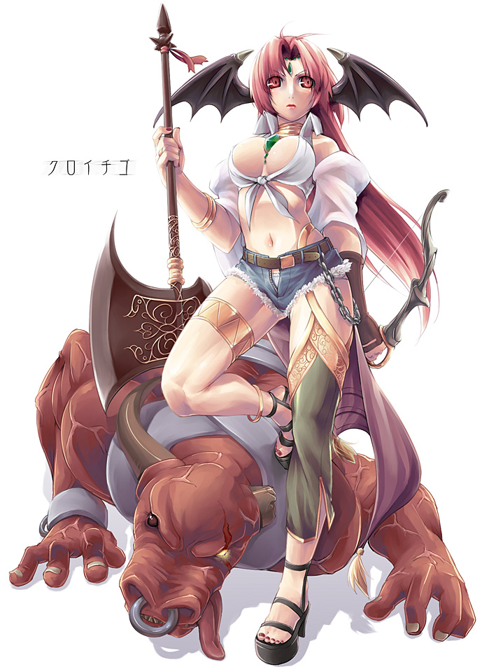 blacksmith (ragnarok online), ragnarok online, artist request, 1girl, axe, blacksmith, bow (weapon), bracelet, breasts, cleavage, cutoffs, denim, denim shorts, female focus, front-tie top, head wings, high heels, jewelry, large breasts, long hair, midriff, minotaur, necklace, red eyes, red hair, shoes, short shorts, shorts, solo, very long hair, weapon, wings