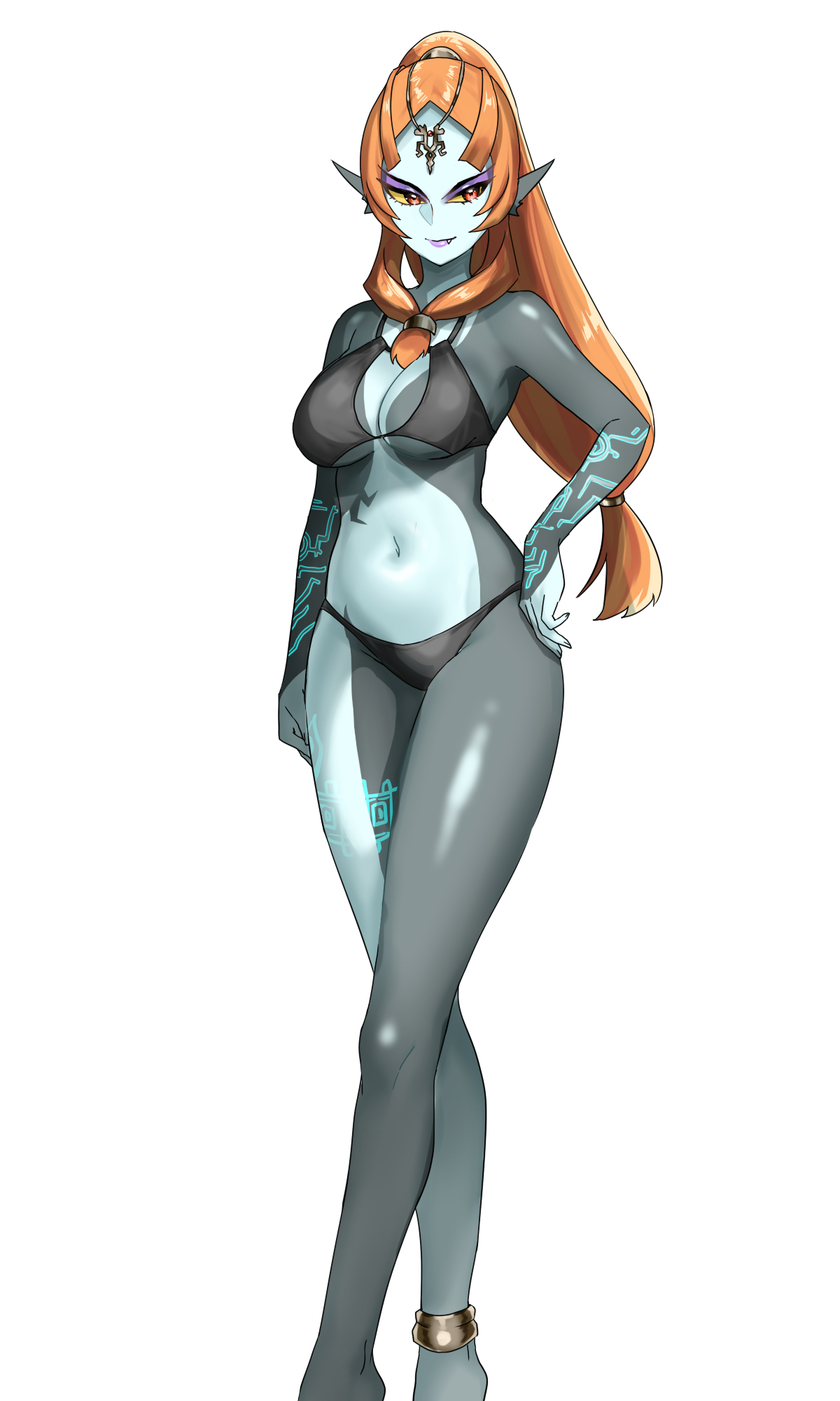 wasabi (legemd), midna, midna (true), nintendo, the legend of zelda, the legend of zelda: twilight princess, commentary request, highres, spoilers, 1girl, alternate costume, anklet, arm at side, bikini, black bikini, breasts, closed mouth, colored sclera, crossed legs, eyeshadow, fang, feet out of frame, grey skirt, hand on own hip, jewelry, large breasts, long hair, looking at viewer, low-tied long hair, makeup, navel, orange eyes, orange hair, pointy ears, purple eyeshadow, purple lips, simple background, skirt, smile, solo, standing, swimsuit, tachi-e, watson cross, white background, yellow sclera