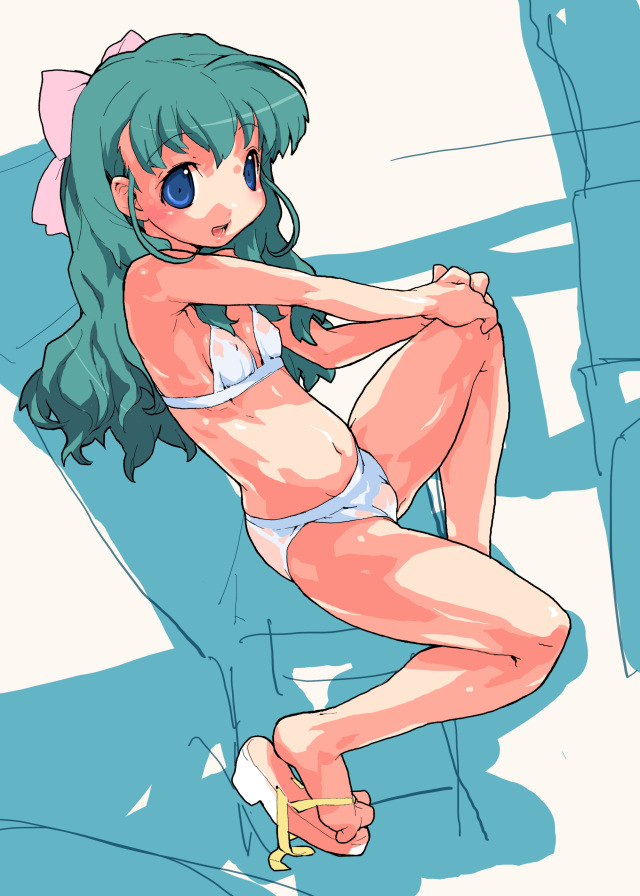 najimi shin, onodera karen, onegai twins, 00s, 1girl, aqua hair, bikini, blue eyes, bow, feet, female focus, flat chest, flip-flops, full body, green hair, hair ribbon, loli, long hair, navel, ribbon, sandals, sitting, solo, swimsuit, white bikini
