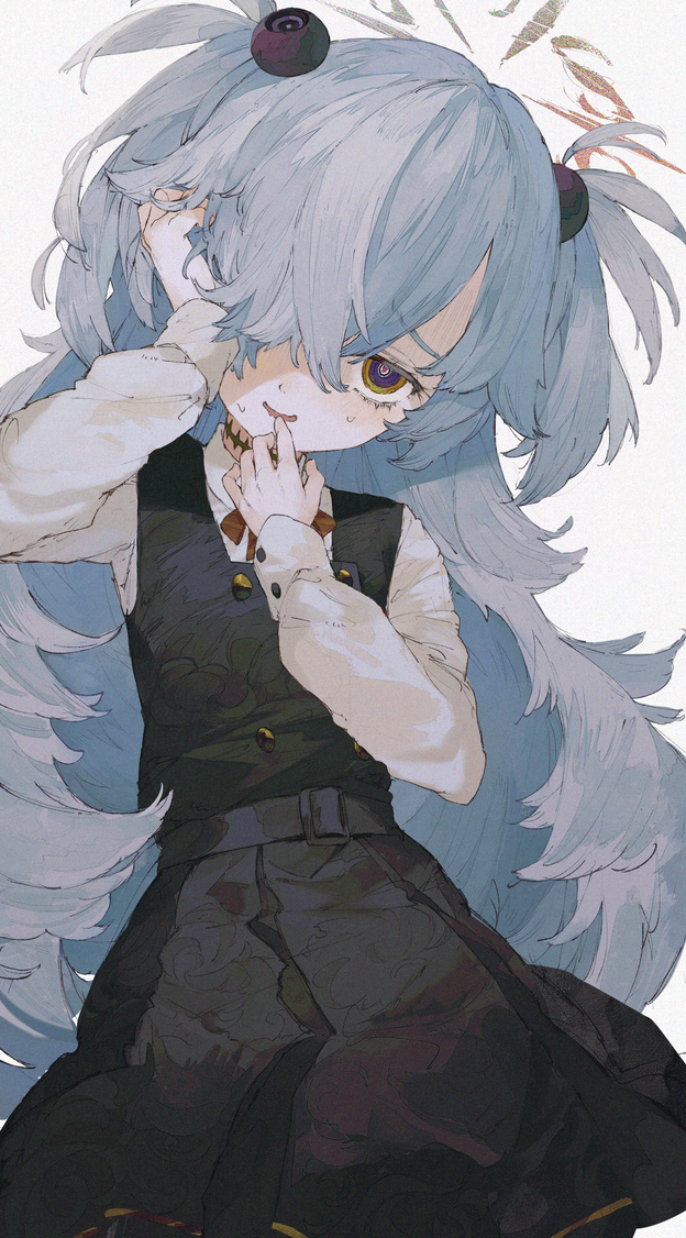 dolphro-kun, kanoe (blue archive), blue archive, commentary request, 1girl, arm up, black skirt, black vest, blush, brown eyes, collared shirt, grey background, grey hair, halo, hand to own mouth, hand up, head tilt, long hair, long sleeves, looking at viewer, nervous smile, parted lips, pleated skirt, puffy long sleeves, puffy sleeves, shirt, simple background, skirt, smile, solo, sweat, two side up, very long hair, vest, wavy mouth, white shirt