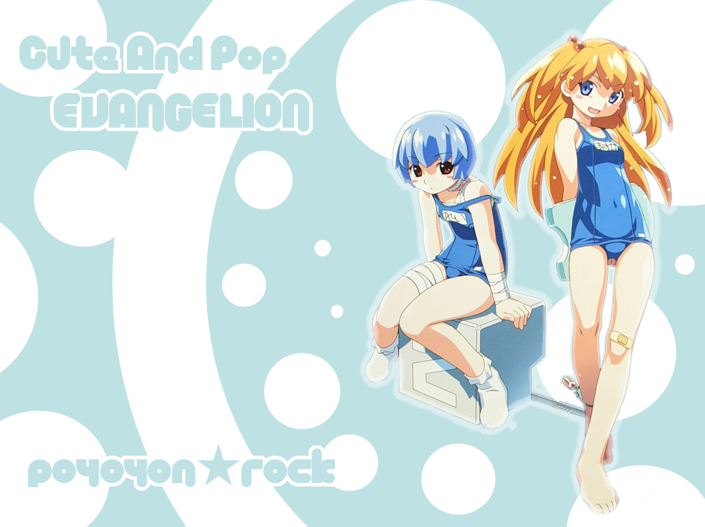 watanabe akio, ayanami rei, souryuu asuka langley, neon genesis evangelion, white legwear, 2girls, arms behind back, bandaged arm, bandaged leg, bandages, bandaid, bandaid on knee, bandaid on leg, barefoot, blue background, blue eyes, blue hair, blush, blush stickers, bobby socks, brown eyes, covered navel, feet, hair bobbles, hair ornament, knees together feet apart, long hair, looking at viewer, multiple girls, name tag, one-piece swimsuit, orange hair, red eyes, school swimsuit, short hair, sitting, smile, socks, standing, swimsuit