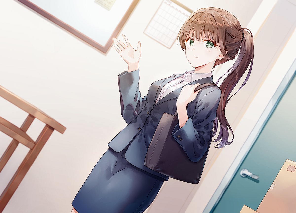 hiten (hitenkei), yomiuri shiori, gimai seikatsu, commentary request, novel illustration, official art, second-party source, textless version, 1girl, alternate hairstyle, black bag, black jacket, breasts, brown hair, closed mouth, dutch angle, green eyes, jacket, long hair, looking at viewer, medium breasts, pencil skirt, ponytail, shirt, skirt, skirt set, smile, solo, standing, waving, white shirt