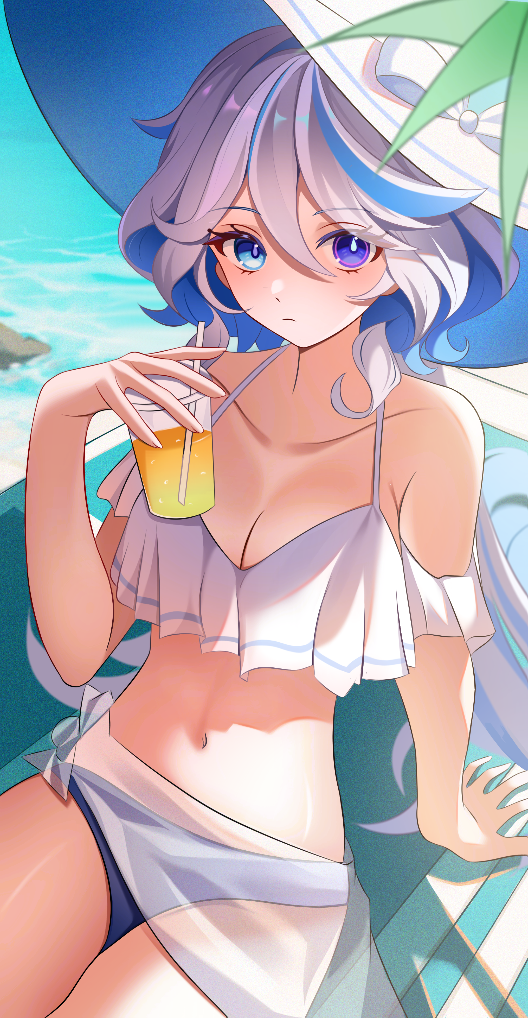 chijiandeyusang, furina (genshin impact), genshin impact, absurdres, commentary request, highres, 1girl, alternate breast size (larger), alternate costume, bare shoulders, bikini, blue bikini, blue eyes, blue hair, breasts, cleavage, collarbone, cup, grey hair, hat, heterochromia, holding, holding cup, large breasts, long hair, midriff, multicolored hair, navel, ocean, outdoors, sarong, see-through clothes, see-through sarong, solo, sun hat, swimsuit, tropical drink, two-tone hair, white bikini, white hat