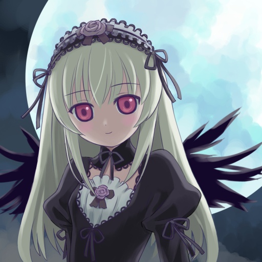 kiku (popolina), suigintou, rozen maiden, silver hair, 00s, 1girl, blush, crossed bangs, female focus, full moon, gothic lolita, lolita fashion, moon, pink eyes, smile, solo, wings