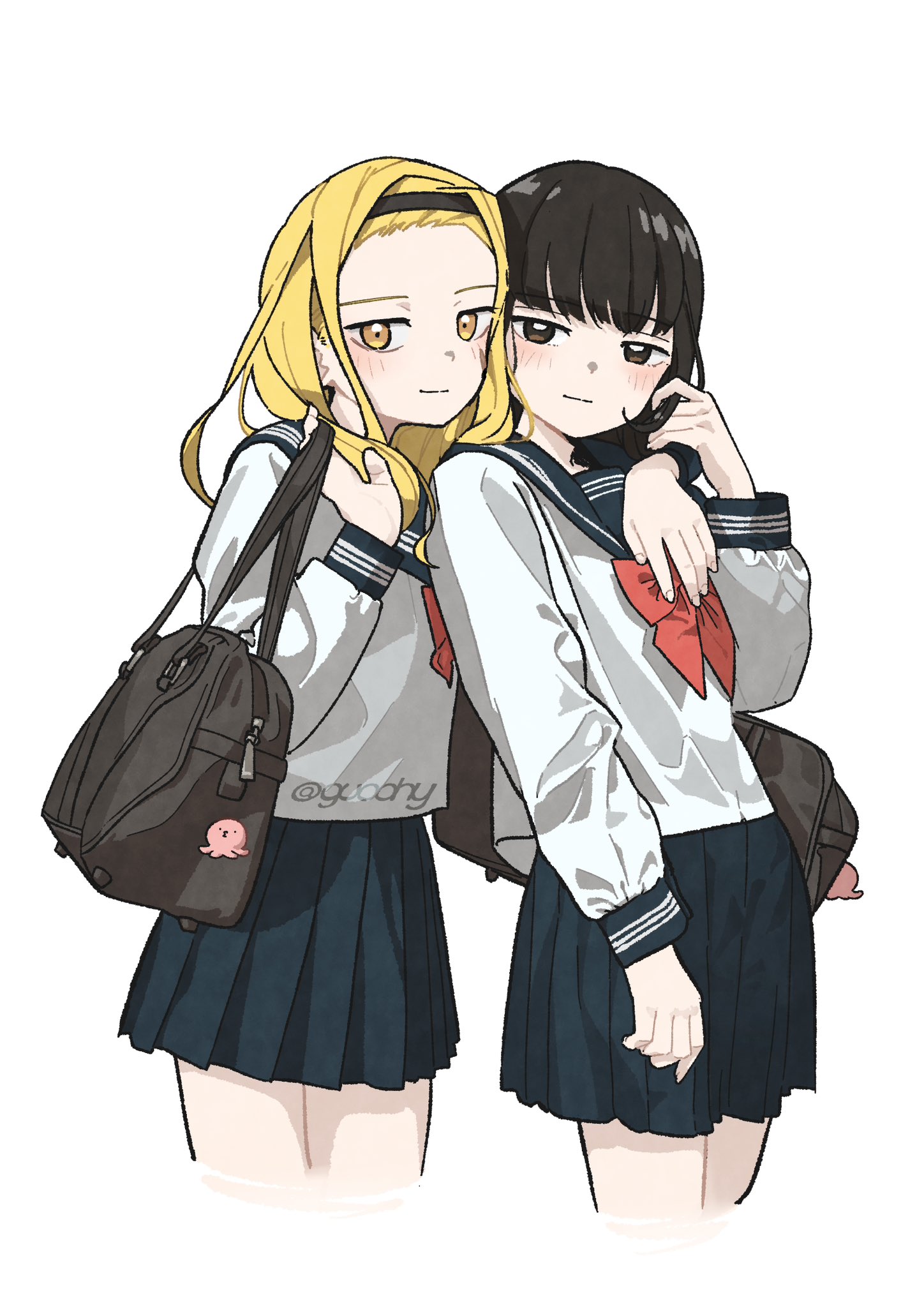 gu00hy, kirarazaka marina, kuze shizuka, takopii, takopii no genzai, highres, arm on another's shoulder, bag, black hair, black hairband, blonde hair, blue sailor collar, brown eyes, facial scar, hairband, hand on another's waist, headband, long hair, long sleeves, sailor, sailor collar, sailor shirt, scar, scar on cheek, scar on face, school bag, school uniform, shirt, short hair, skirt, smile, white background, yellow eyes