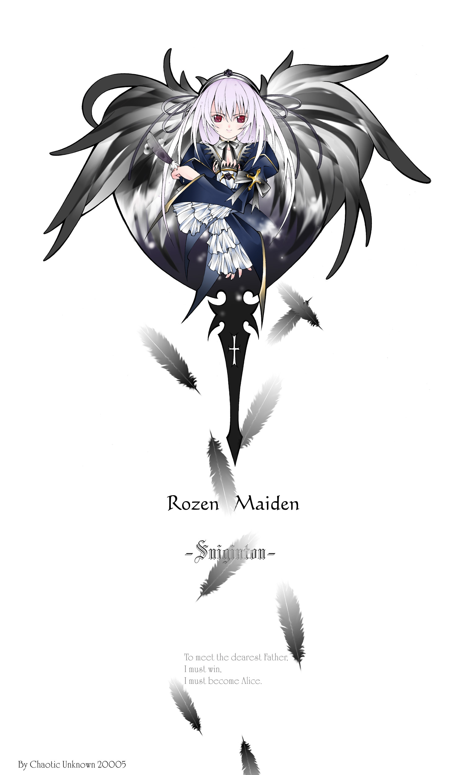 chaotic-unknown, suigintou, rozen maiden, absurdres, highres, 00s, 1girl, character name, copyright name, english text, falling feathers, feathers, female focus, long hair, red eyes, simple background, solo, white background, white hair