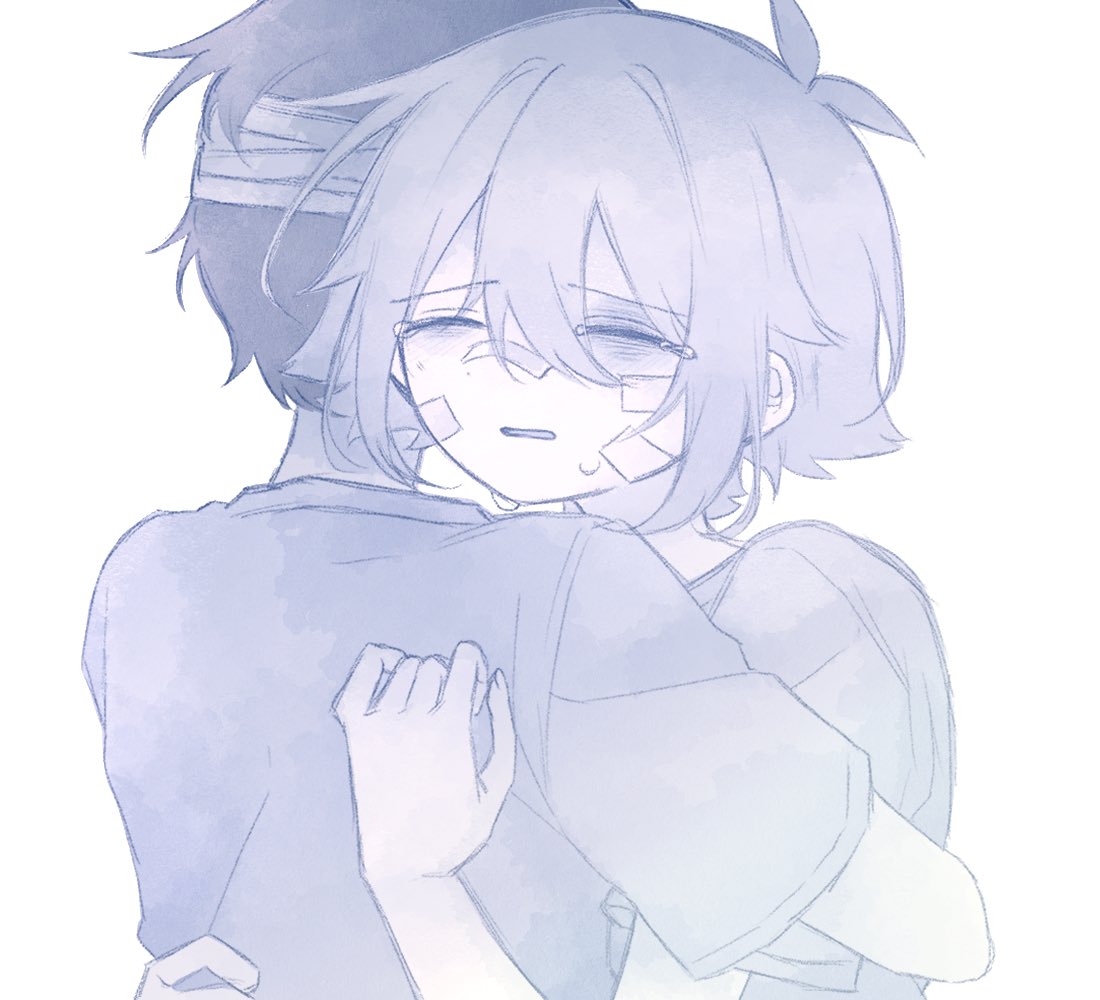basil (faraway) (omori), basil (omori), sunny (omori), omori, spoilers, 2boys, antenna hair, bandaged head, bandages, bandaid, bandaid on face, bandaid on nose, closed eyes, crying, double-parted bangs, hair between eyes, hospital gown, hug, male focus, mimi utlove, monochrome, multiple boys, parted lips, short hair, short sleeves, sidelocks, simple background