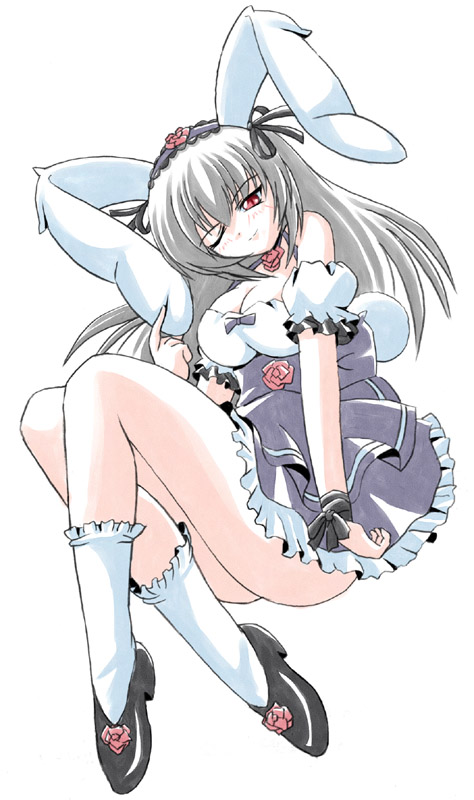 imai kazunari, suigintou, usada hikaru, di gi charat, rozen maiden, silver hair, marker (medium), traditional media, 1girl, animal ears, black shoes, cosplay, female focus, frilled socks, frills, full body, one eye closed, rabbit ears, red eyes, shoes, simple background, socks, solo, usada hikaru (cosplay), white background, white socks