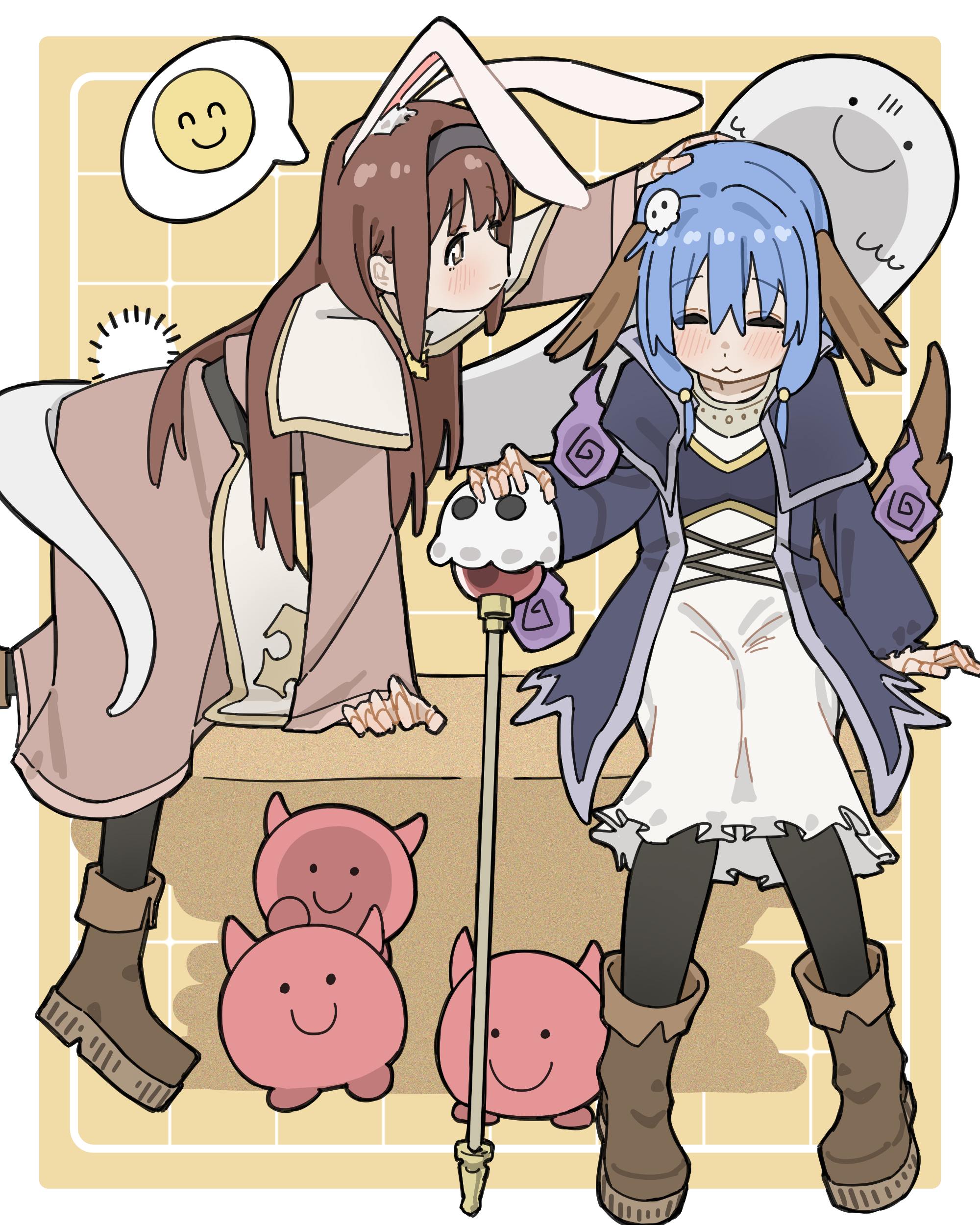 yuzuponzup, fujimi nemu, fushimi nodoka, onii-chan wa oshimai!, absurdres, commentary, highres, 2girls, :3, animal ear fluff, animal ears, black hairband, blue hair, blush, boots, brown boots, brown eyes, brown hair, c:, capelet, creature, floppy ears, ghost, hair ornament, hairband, hand on another's head, headpat, hitodama, long hair, long sleeves, multiple girls, rabbit ears, rabbit girl, rabbit tail, short hair, simple background, sitting, skull, skull hair ornament, skull staff, smile, spoken emoji, staff, tail