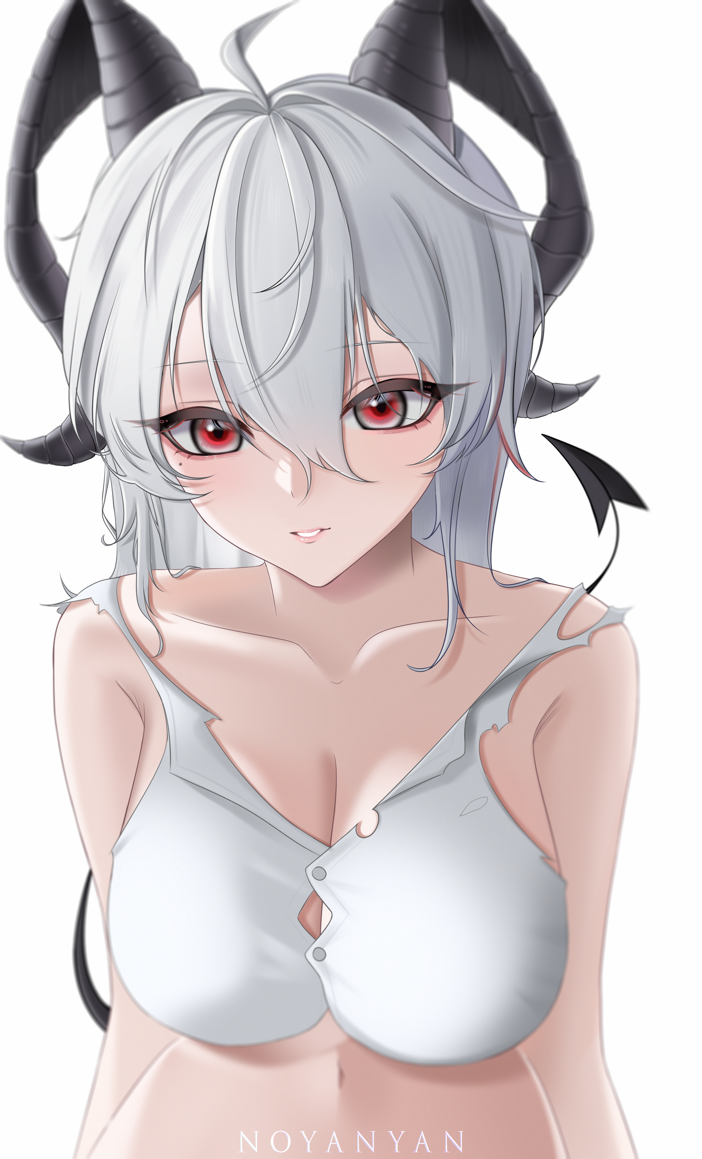 noya nyan, zani (wuthering waves), wuthering waves, absurdres, commentary, highres, paid reward available, 1girl, artist name, bare shoulders, black horns, black tail, breasts, collarbone, curled horns, demon tail, grey hair, hair between eyes, horns, large breasts, long hair, looking at viewer, mole, mole under eye, navel, parted lips, red eyes, shirt, simple background, solo, stomach, tail, torn clothes, torn shirt, upper body, white background, white shirt
