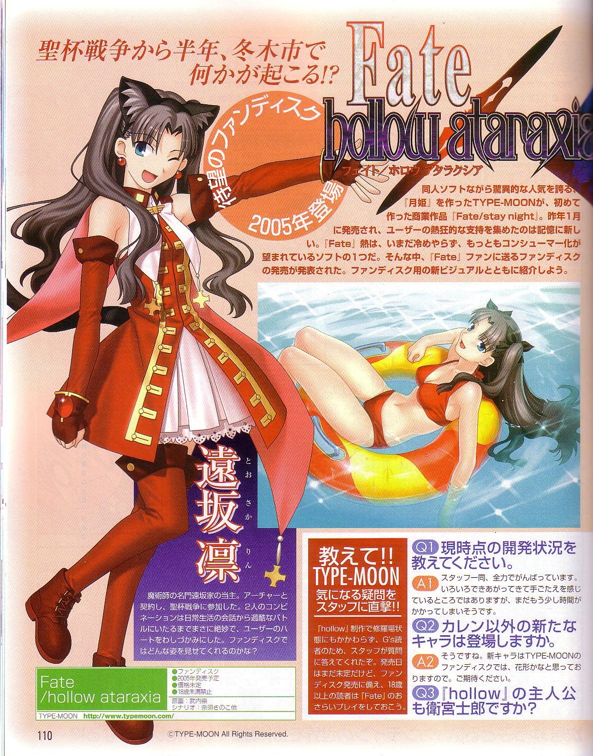 takeuchi takashi, kaleido ruby, tohsaka rin, toosaka rin, fate/stay night, fate (series), highres, 00s, 1girl, 2005, ad, alternate costume, bikini, black hair, blue eyes, dress, gloves, hair ribbon, long hair, multiple views, open mouth, red gloves, red thighhighs, ribbon, shoes, smile, swimsuit, thighhighs, twintails, two side up, water