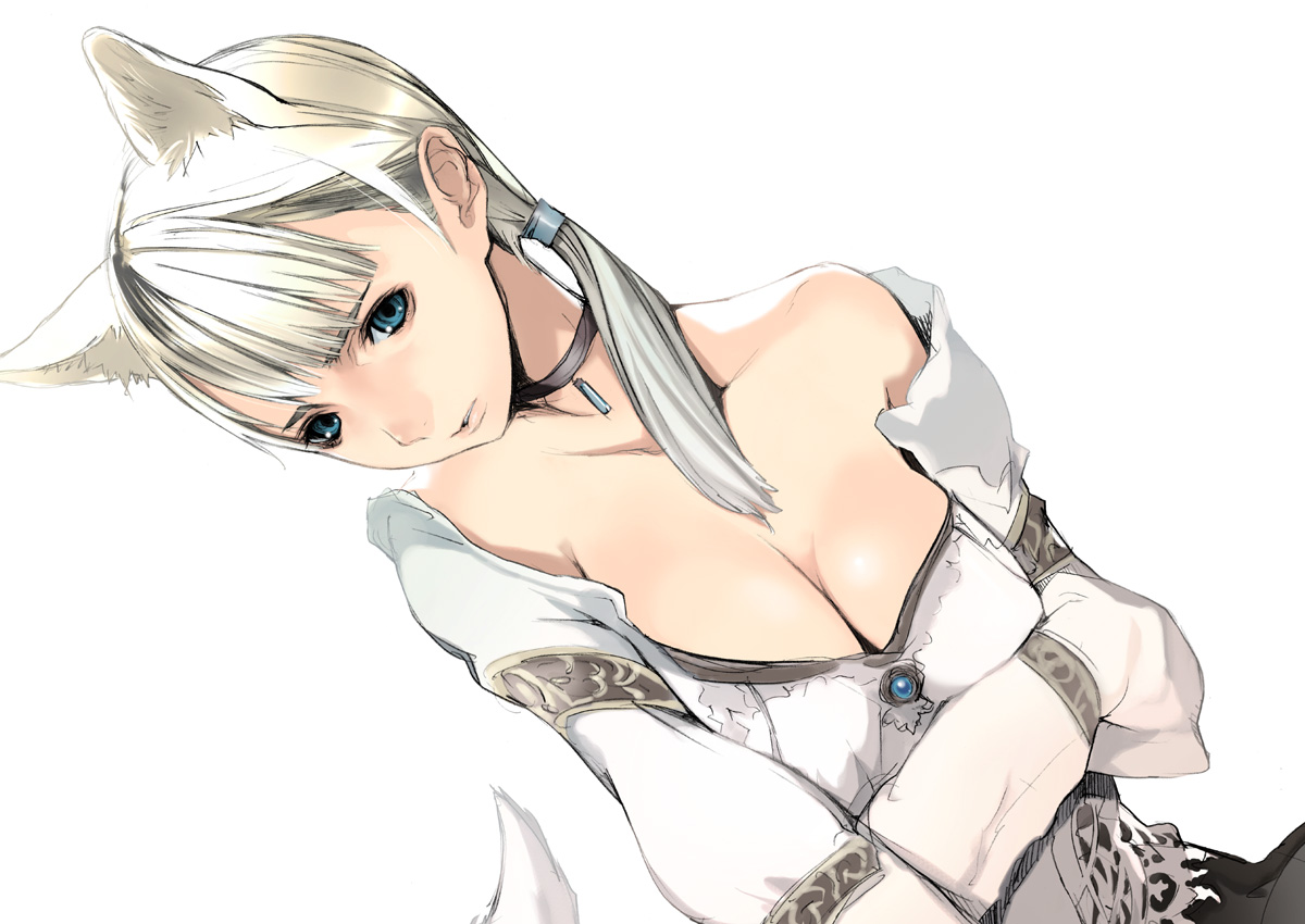houden eizou, fiona belli, hewie, capcom, demento, third-party edit, 1girl, animal ears, bare shoulders, blonde hair, blouse, blue eyes, breasts, choker, cleavage, dog ears, dog tail, female focus, hair tie, jewelry, large breasts, off shoulder, ponytail, shirt, simple background, solo, tail, white background