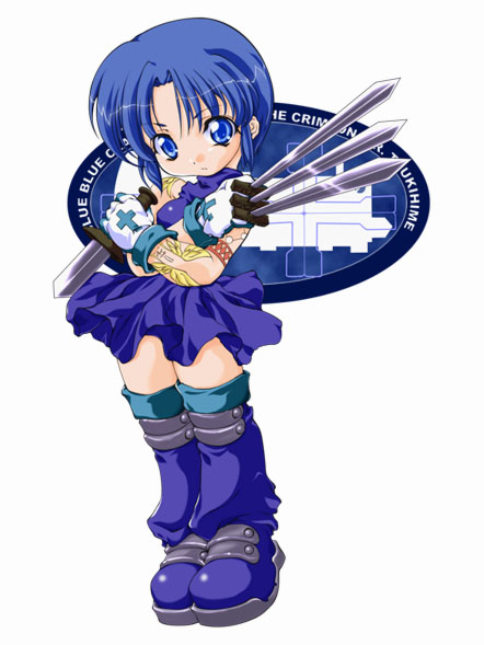 ciel (tsukihime), tsukihime, 00s, 1girl, between fingers, black keys (type-moon), blue eyes, blue hair, blue thighhighs, boots, chibi, chibi only, cross, female focus, gloves, holding, knife, latin cross, matching hair/eyes, purple theme, simple background, solo, thigh boots, thighhighs, white background
