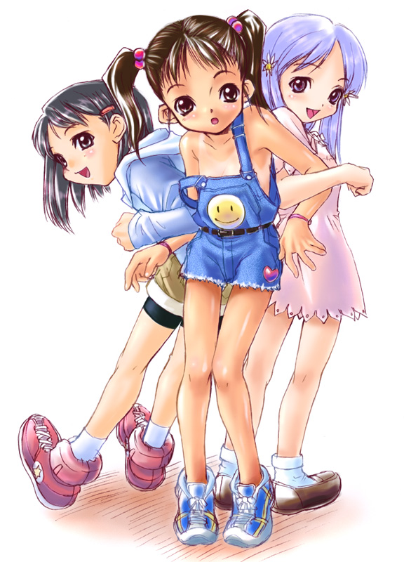 kawata hisashi, original, 3girls, :o, back-to-back, belt, bike shorts, bikini tan, black eyes, black hair, blue eyes, blue hair, blush, bob cut, bracelet, denim, dress, embarrassed, flat chest, hair bobbles, hair ornament, hairclip, happy, heart, hood, hoodie, jewelry, legs, locked arms, loli, long hair, looking back, multiple girls, naked overalls, open mouth, overall shorts, overalls, pink eyes, shoes, short hair, smile, smiley face, sneakers, socks, standing, strap slip, surprised, tan, tanline, thigh gap, torn clothes, twintails