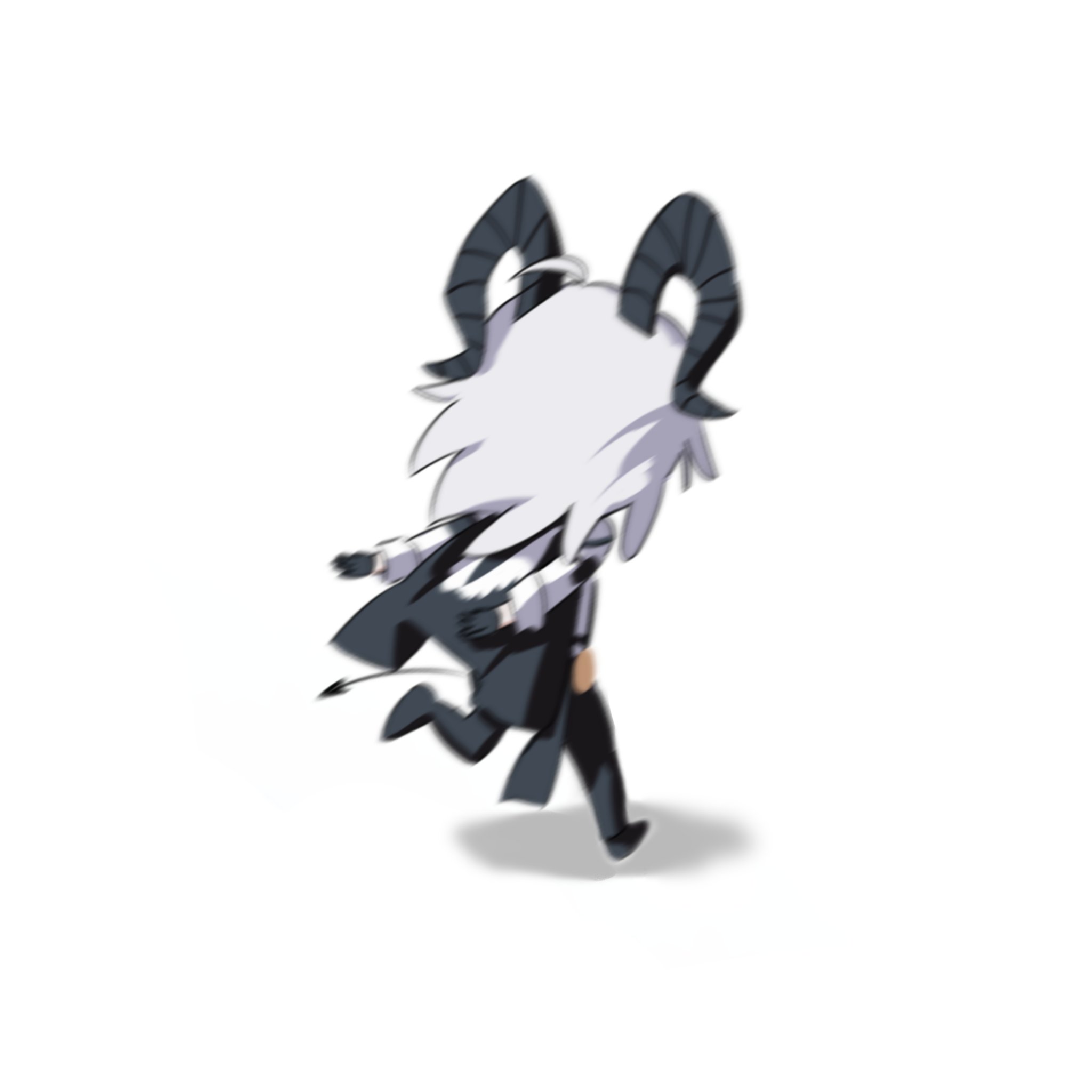 cryne, zani (wuthering waves), wuthering waves, commentary, highres, symbol-only commentary, 1girl, ahoge, black gloves, black horns, black jacket, black pants, black shoes, black tail, curled horns, demon tail, from behind, full body, gloves, grey hair, horns, jacket, jacket on shoulders, long hair, motion blur, naruto run, pants, shirt, shoes, simple background, solo, tail, white background, white shirt