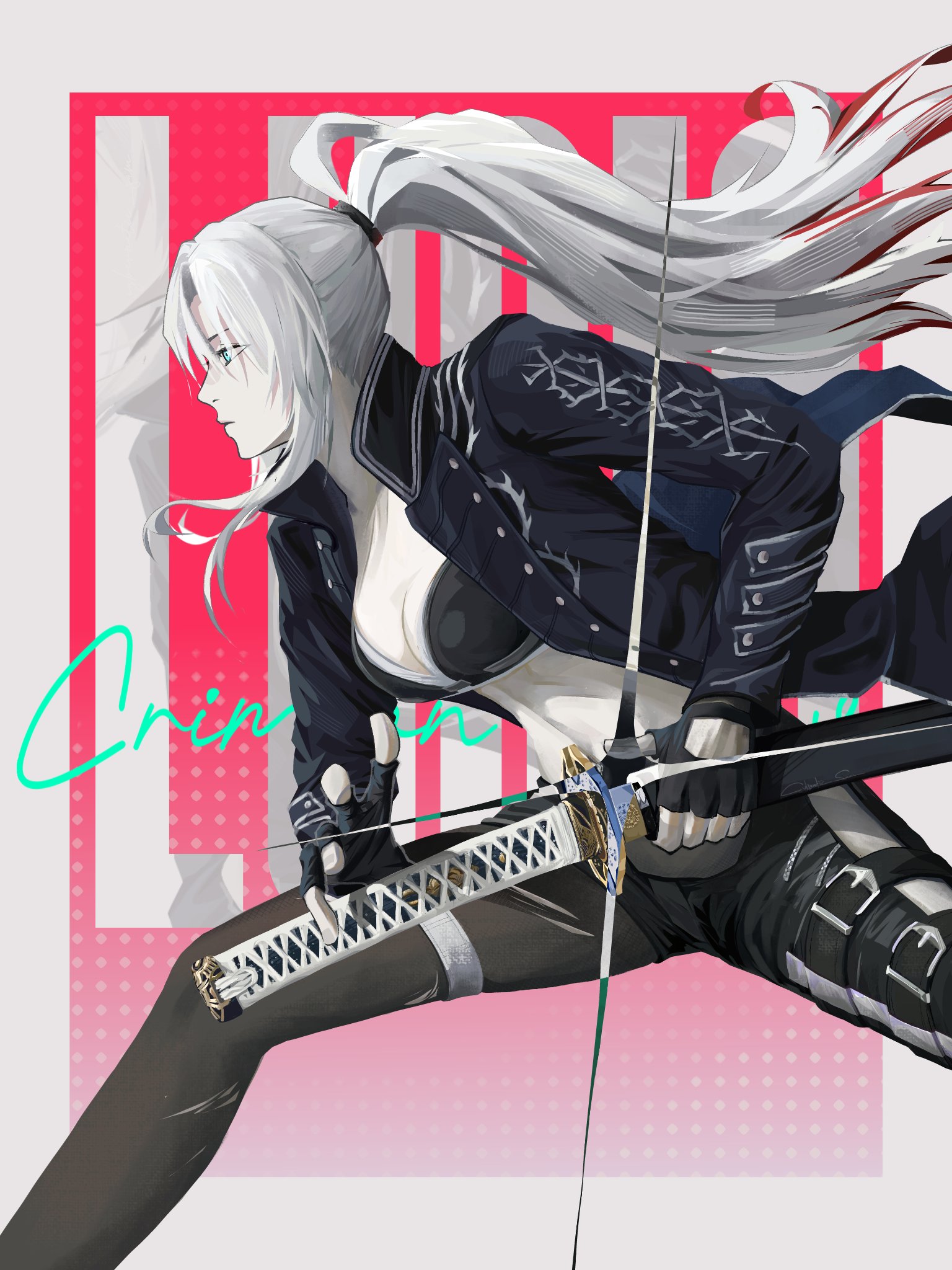 cybernetic sam, alpha (pgr), vergil (devil may cry), devil may cry (series), devil may cry 5, punishing: gray raven, highres, 1girl, black gloves, blue coat, blue eyes, breasts, closed mouth, coat, cosplay, fingerless gloves, gloves, grey hair, hair between eyes, holding, holding sword, holding weapon, katana, long hair, sheath, sidelocks, sword, vergil (devil may cry) (cosplay), very long hair, weapon, white hair, yamato (sword)