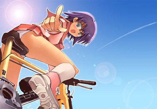 shihira tatsuya, tonami yuma, to heart (series), to heart 2, 00s, 1girl, bespectacled, bicycle, contrail, day, female focus, glasses, lens flare, panties, pantyshot, pleated skirt, pointing, school uniform, serafuku, skirt, sky, solo, underwear, upskirt, white panties
