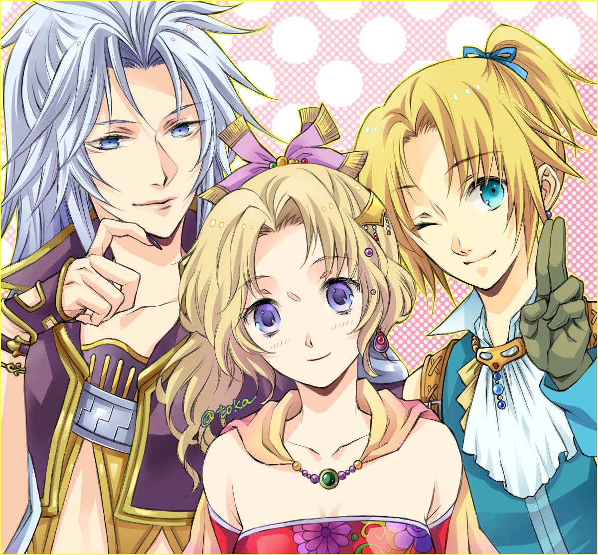 quichi 91, kuja, tina branford, zidane tribal, dissidia final fantasy, final fantasy, final fantasy ix, final fantasy vi, 1girl, 2boys, alternate hairstyle, aqua eyes, aqua vest, ascot, bare shoulders, black nails, blonde hair, blue eyes, breasts, cape, cleavage, closed mouth, cropped jacket, detached sleeves, dress, earrings, fingernails, gloves, grey gloves, grey hair, hair bobbles, hair ornament, hair ribbon, hand on own chin, jacket, jewelry, light blush, long fingernails, long hair, medium breasts, midriff, multiple boys, one eye closed, parted bangs, pink ribbon, polka dot, polka dot background, ponytail, purple jacket, red dress, red sleeves, ribbon, short hair, smile, strapless, strapless dress, tube dress, twintails, upper body, vest, white ascot, yellow cape