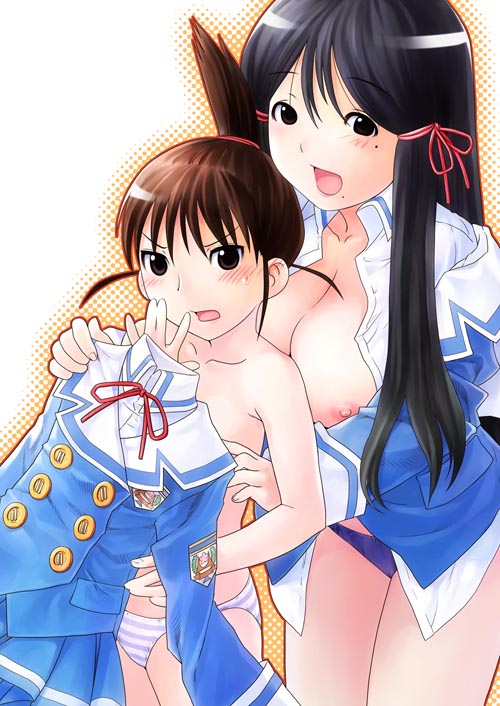 kamishakujii renko, ogiue chika, oono kanako, genshiken, kujibiki unbalance, 2girls, bad anatomy, black hair, blush, breasts, brown hair, collarbone, cosplay, kamishakujii renko (cosplay), long hair, long sleeves, mole, mole under mouth, multiple girls, nipples, open mouth, panties, ponytail, poorly drawn, school uniform, short hair, sidelocks, small breasts, striped clothes, striped panties, topless female, underwear, very long hair