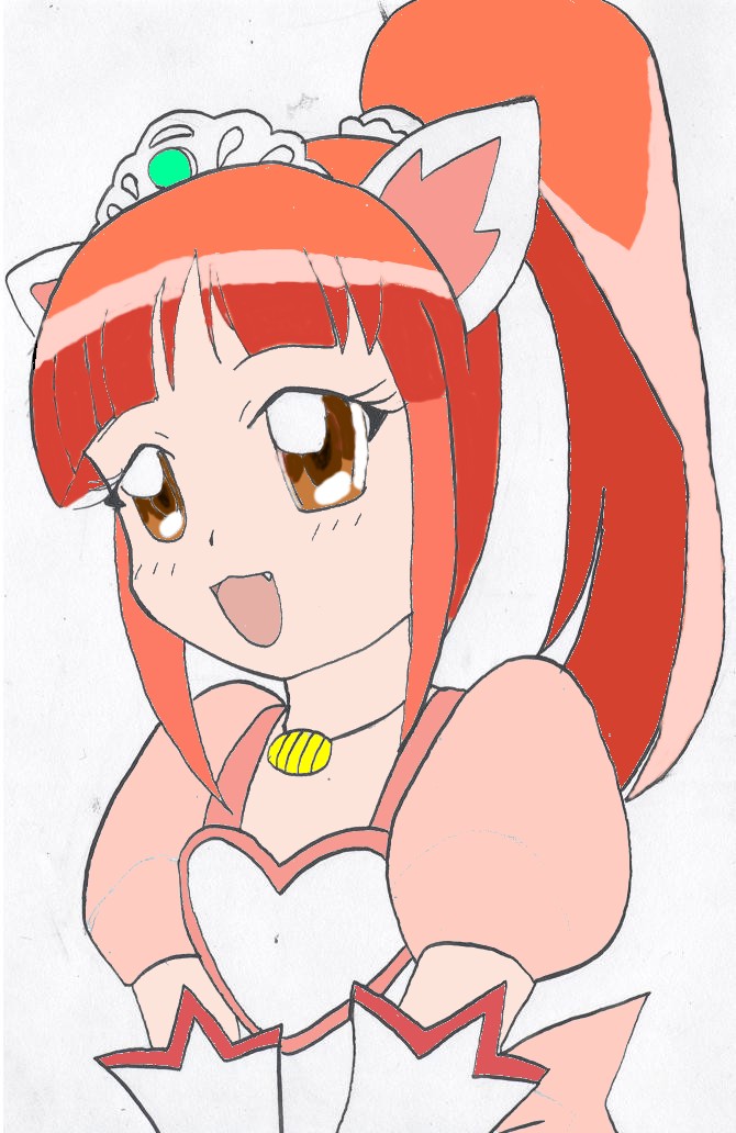 leonne, fushigiboshi no futago hime, 00s, 1girl, animal ears, brown eyes, cat ears, elbow gloves, fang, female focus, gloves, heart, jewelry, long hair, necklace, ponytail, red hair, solo, tiara