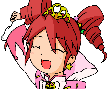 fine (futagohime), fushigiboshi no futago hime, lowres, 00s, 1girl, arm up, closed eyes, drill hair, female focus, oekaki, red hair, short hair, simple background, smile, solo, tiara, twin drills, twintails, white background