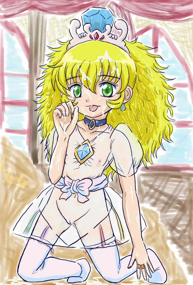 altessa, fushigiboshi no futago hime, artist request, 00s, 1girl, blonde hair, choker, crown, dress, female focus, flat chest, green eyes, loli, nipples, pussy, see-through clothes, solo, thighhighs, tongue