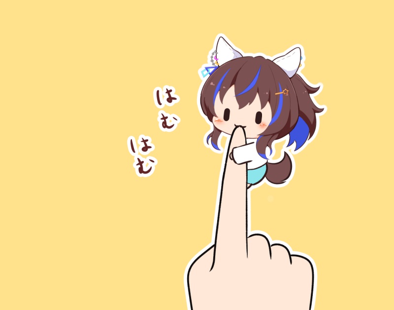 gomashio (goma feet), daitaku helios (umamusume), umamusume, biting finger, translation request, 1girl, 1other, biting, blue hair, blue shorts, blush stickers, brown background, brown hair, chibi, closed mouth, long sleeves, looking at viewer, mini person, minigirl, multicolored hair, out of frame, outline, shirt, shorts, side ponytail, simple background, streaked hair, white outline, white shirt, | |