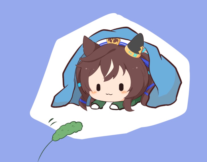 gomashio (goma feet), vivlos (umamusume), umamusume, 1girl, :3, animal ears, beret, blanket, blue background, blue ribbon, blush stickers, brown hair, cat teaser, closed mouth, gloves, green shirt, hair between eyes, hair ribbon, hat, horse ears, long hair, long sleeves, multicolored hair, ribbon, shirt, solo, streaked hair, twintails, two-tone background, white background, white gloves, white hair, white hat, | |