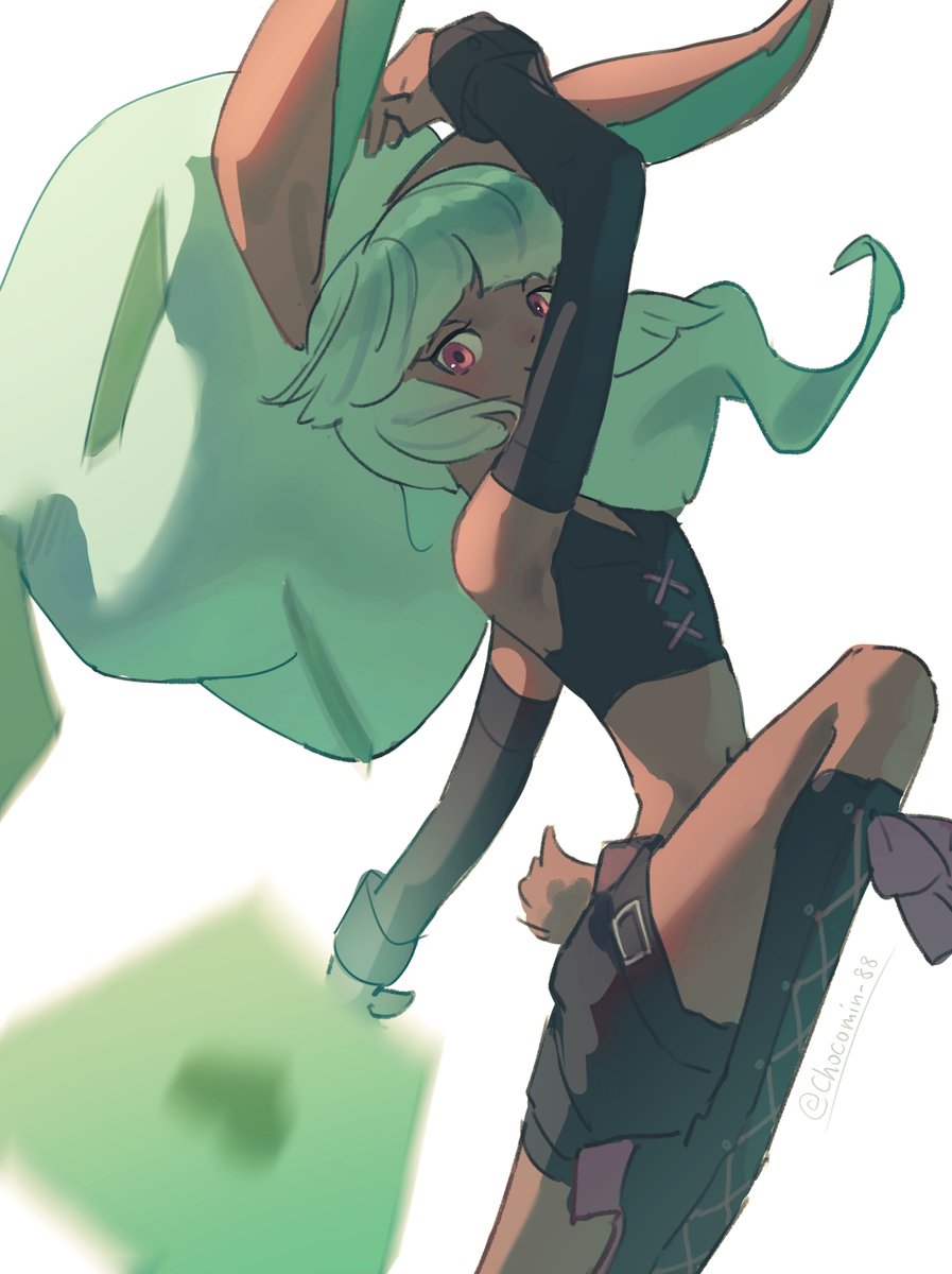 bunny mint, youkai watch, highres, 1girl, animal ears, artist name, black boots, black shirt, black shorts, black sleeves, blurry, blurry foreground, boots, card, chocomin 88, crop top, dark-skinned female, dark skin, depth of field, detached sleeves, green hair, long hair, looking at viewer, playing card, rabbit ears, rabbit girl, rabbit tail, shirt, short shorts, shorts, simple background, sleeveless, sleeveless shirt, solo, tail, white background, wrist cuffs, youkai (youkai watch)