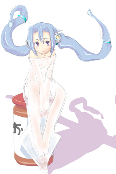 chaos angels, chaosangels, 1girl, blue hair, breasts, female focus, hair ornament, hairclip, jellyfish, mini person, minigirl, nipples, purple eyes, see-through clothes, shadow, small breasts, solo, twintails