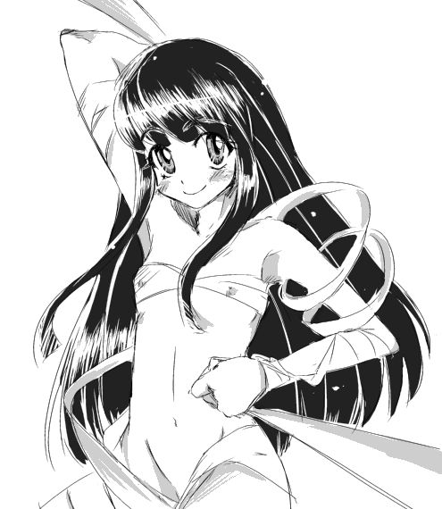 chaos angels, chaosangels, 1girl, arm behind head, covered erect nipples, female focus, flat chest, greyscale, looking at viewer, monochrome, nipples, ribbon, see-through clothes, solo