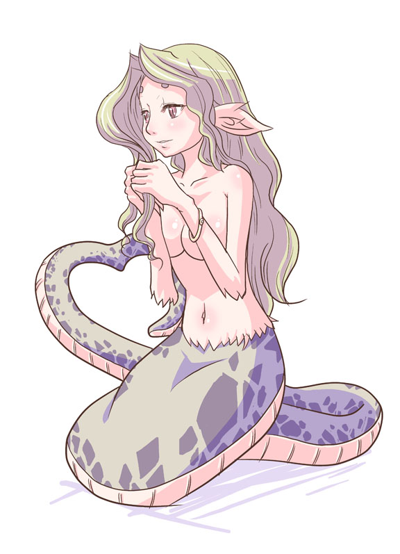 chaos angels, chaosangels, 1girl, bracelet, breasts, brown eyes, female focus, green hair, jewelry, lamia, long hair, monster girl, nude, pointy ears, scales, simple background, solo, white background