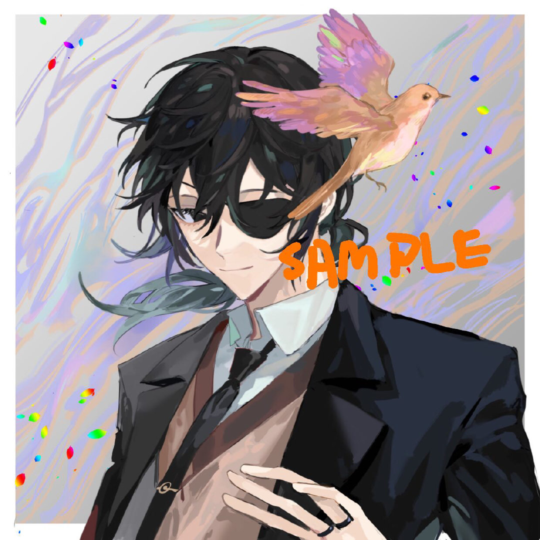 qyzhiaiyisheng, 1boy, bird, black eyes, black hair, black jacket, black necktie, brown vest, eyepatch, formal clothes, hair between eyes, jacket, jewelry, long hair, long sleeves, low ponytail, male focus, necktie, open clothes, open jacket, ponytail, ring, smile, solo, vest