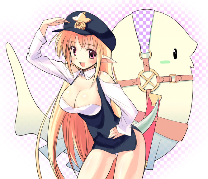 chaos angels, chaosangels, 1girl, bare shoulders, belt, bent over, blonde hair, breasts, cleavage, female focus, hand on own hip, hat, hip focus, large breasts, long hair, panties, pointy ears, red eyes, scabbard, sheath, smile, solo, underwear, very long hair, white panties