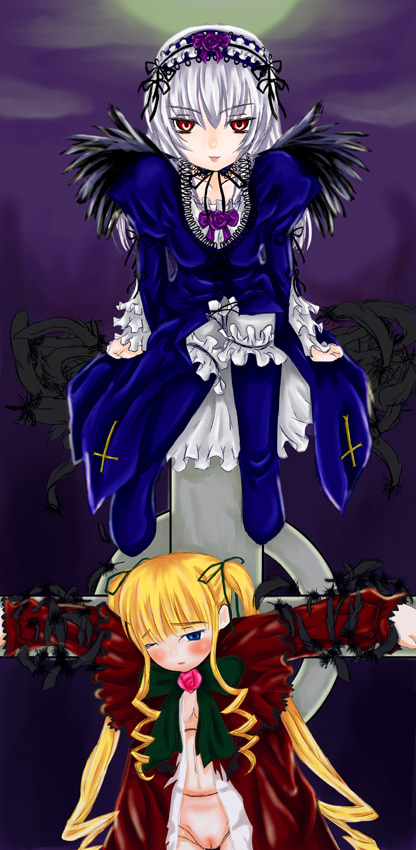 shinku, suigintou, rozen maiden, 00s, 2girls, blonde hair, blush, boots, celtic cross, cross, crucifixion, doll joints, frills, hairband, inverted cross, joints, lolita fashion, lolita hairband, long hair, looking at viewer, multiple girls, one eye closed, pussy, smile, twintails, you gonna get raped