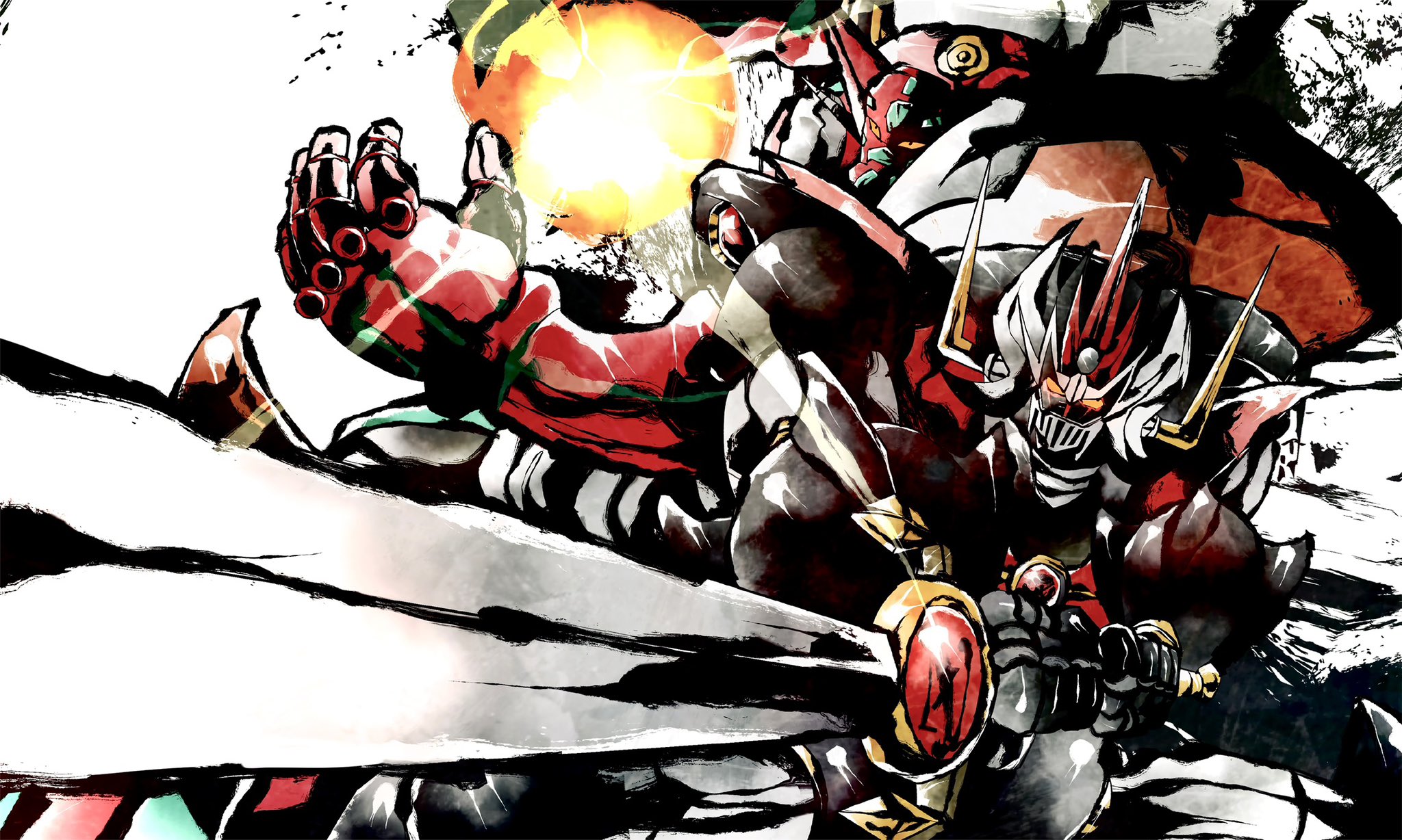 slllle1, mazinkaiser (robot), shin getter-1, getter robo, mazinger (series), mazinkaiser, shin getter robo, highres, crossover, glowing, glowing eyes, green eyes, holding, holding sword, holding weapon, horns, looking at viewer, mashin, mecha, mecha focus, mechanical wings, no humans, pilder, robot, science fiction, stoner sunshine, super robot, sword, weapon, wings, yellow eyes