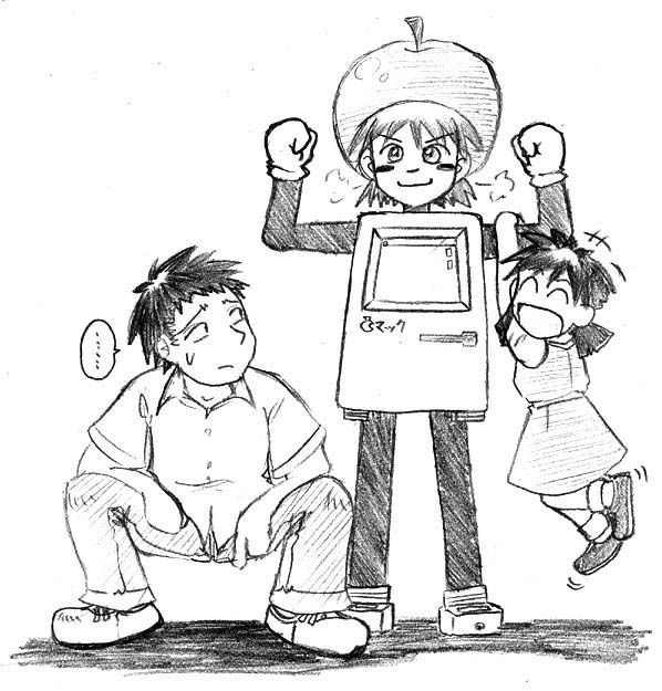 apple inc., macintosh, os-tan, …, 1girl, 2boys, apple, food, fruit, greyscale, mascot, monochrome, multiple boys, simple background, spoken ellipsis, squatting, white background