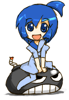 mac os 7.6, apple inc., macintosh, os-tan, lowres, 1girl, 76, blue eyes, blue hair, bomb, chibi, chibi only, explosive, female focus, matching hair/eyes, personification, simple background, solo, white background