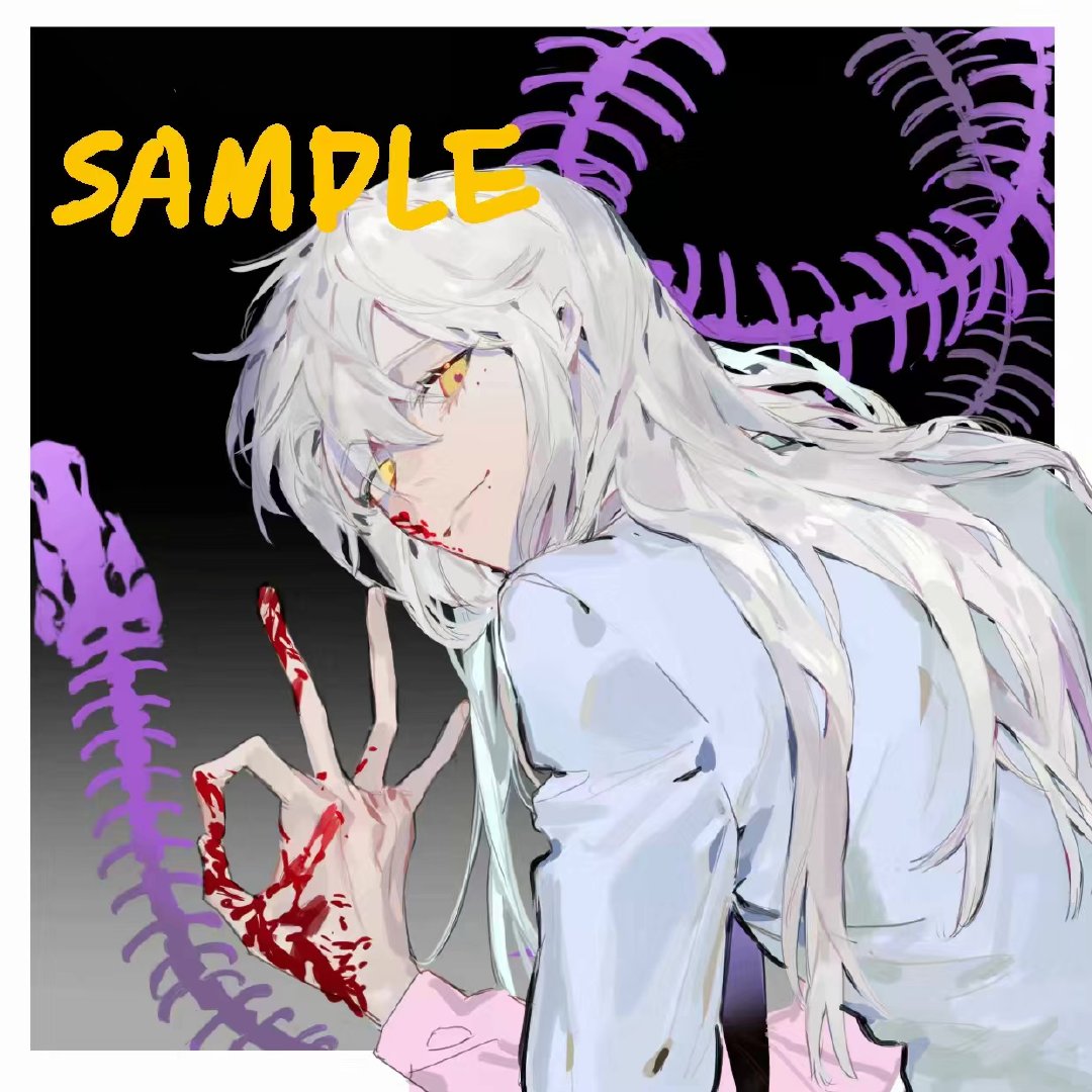qyzhiaiyisheng, original, 1boy, blood, blood on face, blood on hands, bone, gradient background, hair between eyes, long hair, long sleeves, looking at viewer, looking back, male focus, ok sign, shirt, skeleton, smile, solo, white hair
