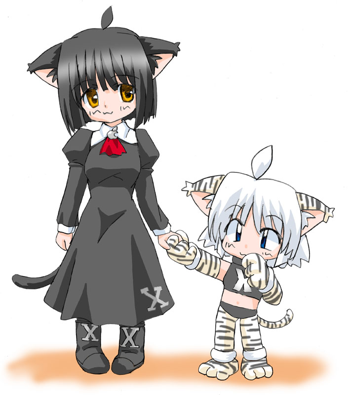 osx, os-tan, 2girls, :3, ahoge, animal costume, animal ears, animal hands, animal print, black hair, blue eyes, cat ears, cat tail, gloves, multiple girls, orange eyes, panther, paw gloves, simple background, size difference, tail, tiger, tiger costume, tiger print, white hair, yellow eyes