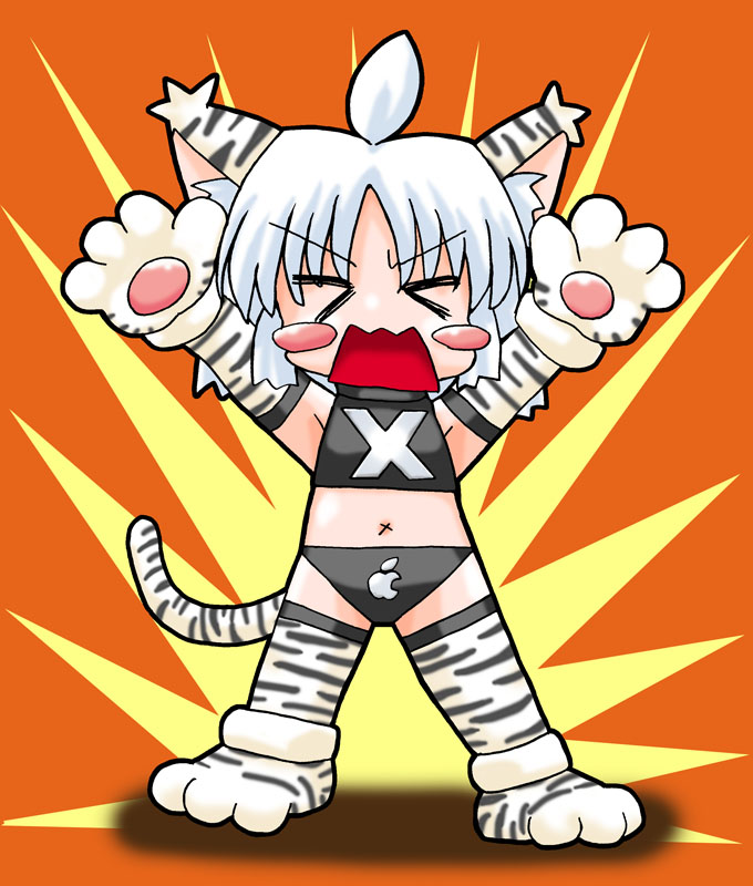 osx, os-tan, > <, 1girl, animal costume, animal hands, animal print, arms up, closed eyes, female focus, midriff, navel, no nose, open mouth, orange background, short hair, solo, thighhighs, tiger, tiger costume, tiger print, white hair